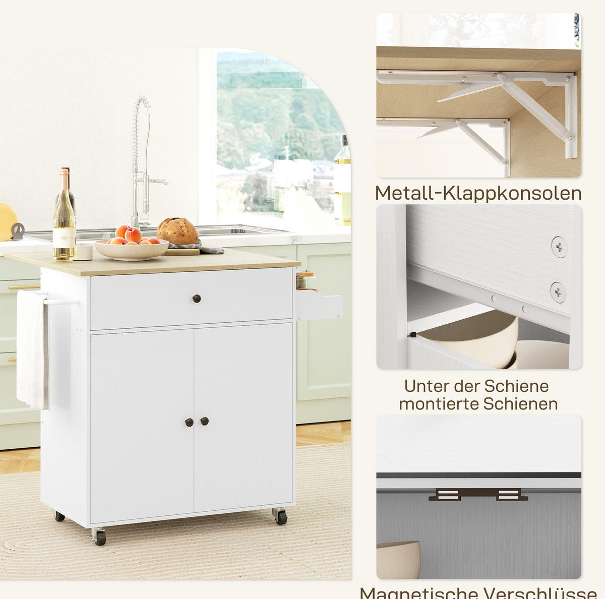 KÜCHENROLLWAGEN mit Klapparbeitsplatte 106 x 42 x 87 cm Weiß - Weiß, Holz (42/87/106cm) - Beauniv