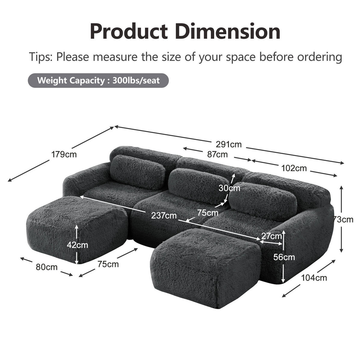 ECKSOFA 291/179/73 cm grau aus Plüschstoff modular in U-Form ohne Montage - Grau, Textil (179/291cm) - OKWISH