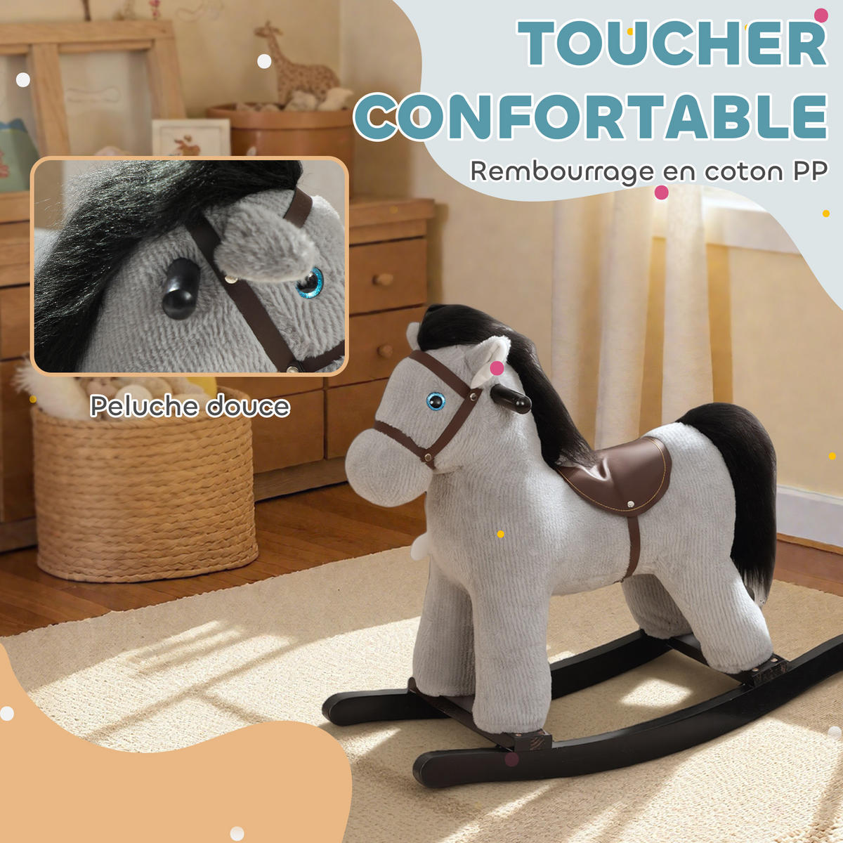 SCHAUKELPFERD DE-18250 mit Sound & Stoffpuppe, grau - Grau, Textil (26/55/71cm) - ComfortXL