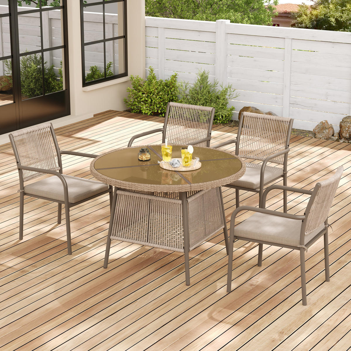 GARTENSET Rattan Tisch 4 Stühle rund Glas - Braun, Glas - LEBENLANG