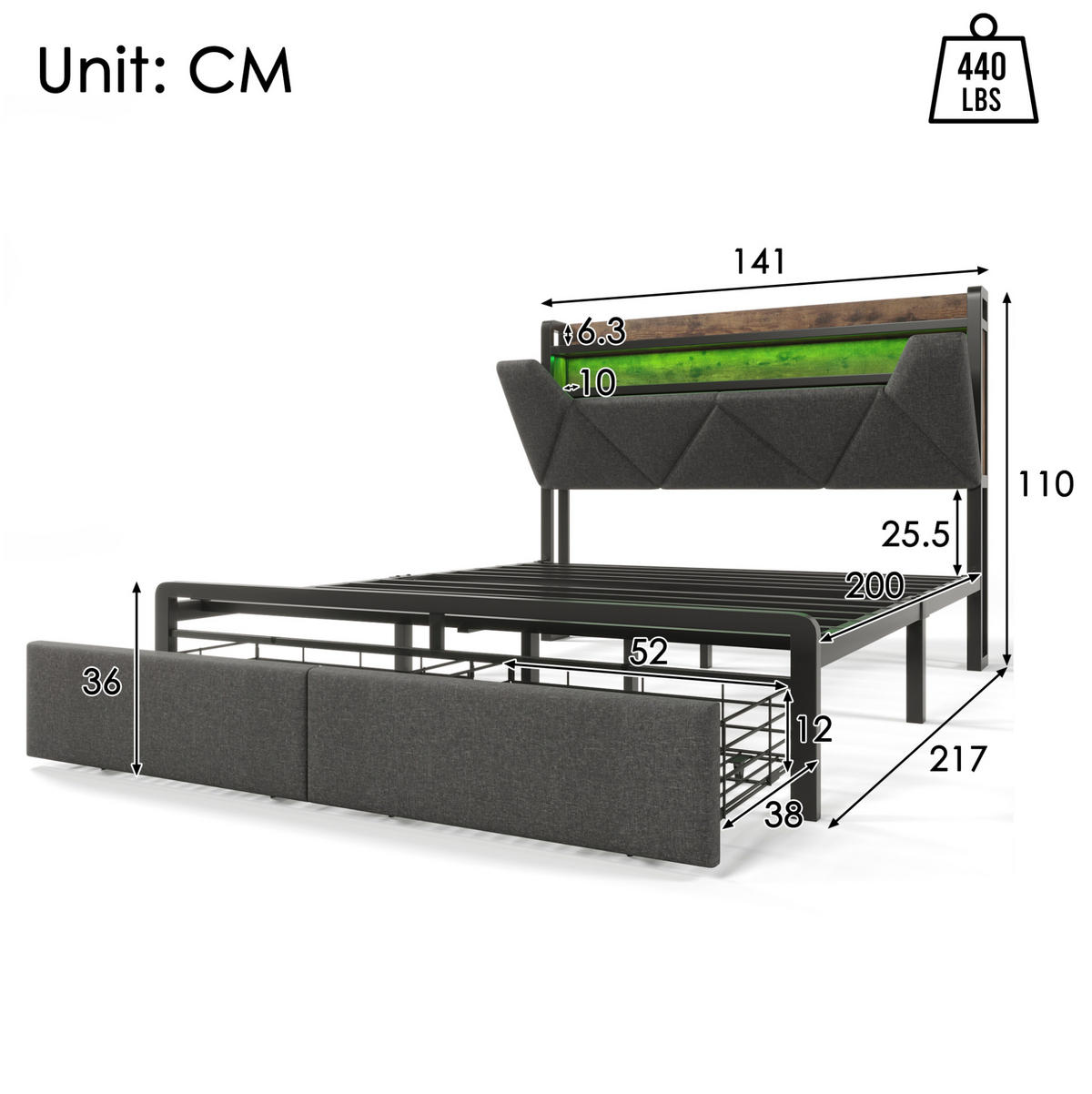 POLSTERBETT 140/200 cm aus Leinen mit LED, USB-C, Stauraum-Kopfteil, 2 Schubladen und Matratze, Grau - Grau, Textil (140/200cm) - Redom