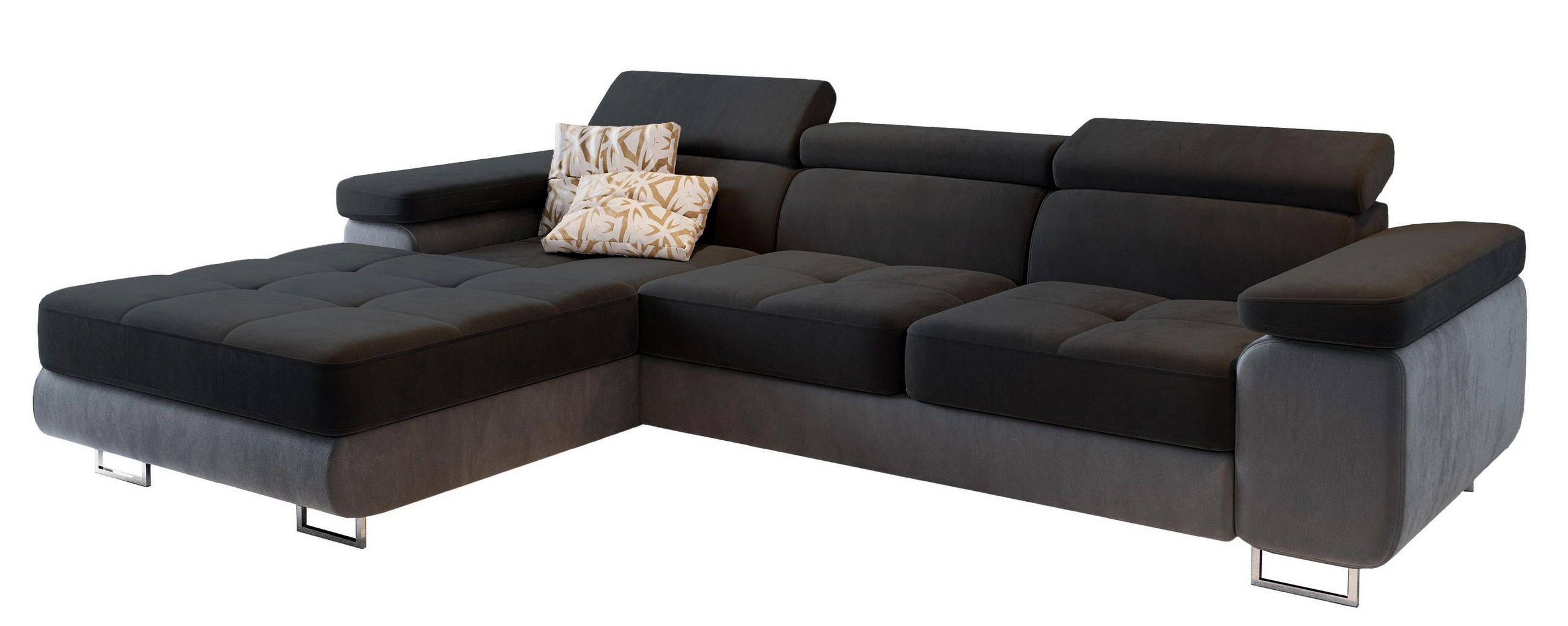 ECKSOFA ELMA L-S Schwarz Velours-Stoff mit Schlaffunktion - Schwarz, Holz (280/205cm) - MASSENO