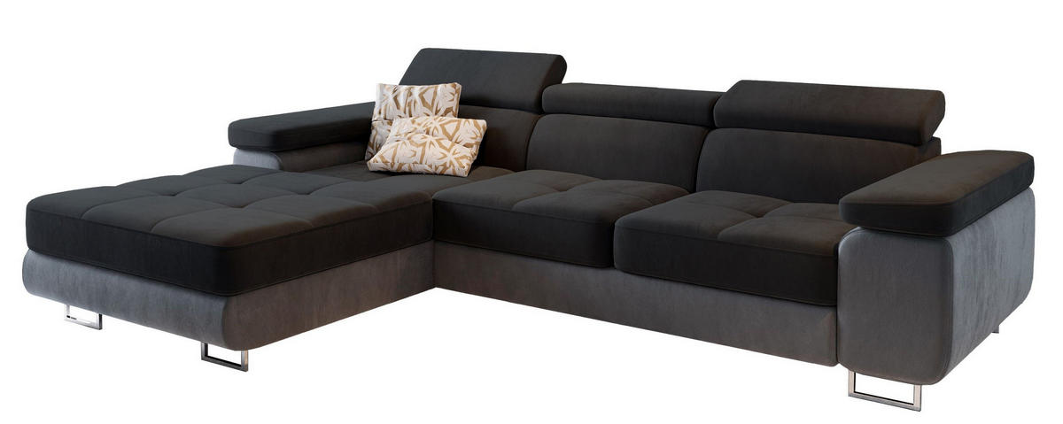 ECKSOFA ELMA L-S Schwarz Velours-Stoff mit Schlaffunktion - Schwarz, Holz (280/205cm) - MASSENO