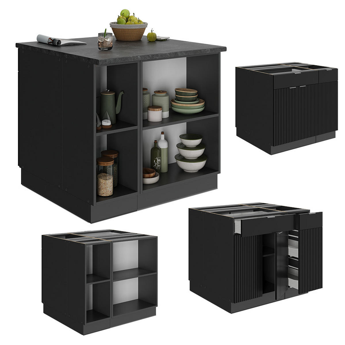 KÜCHENINSEL Fame-Line, Schwarz gestreift, 90 cm mit Schublade, ohne Arbeitsplatte - Anthrazit/Schwarz, Holzwerkstoff (90/82/60cm) - Vicco