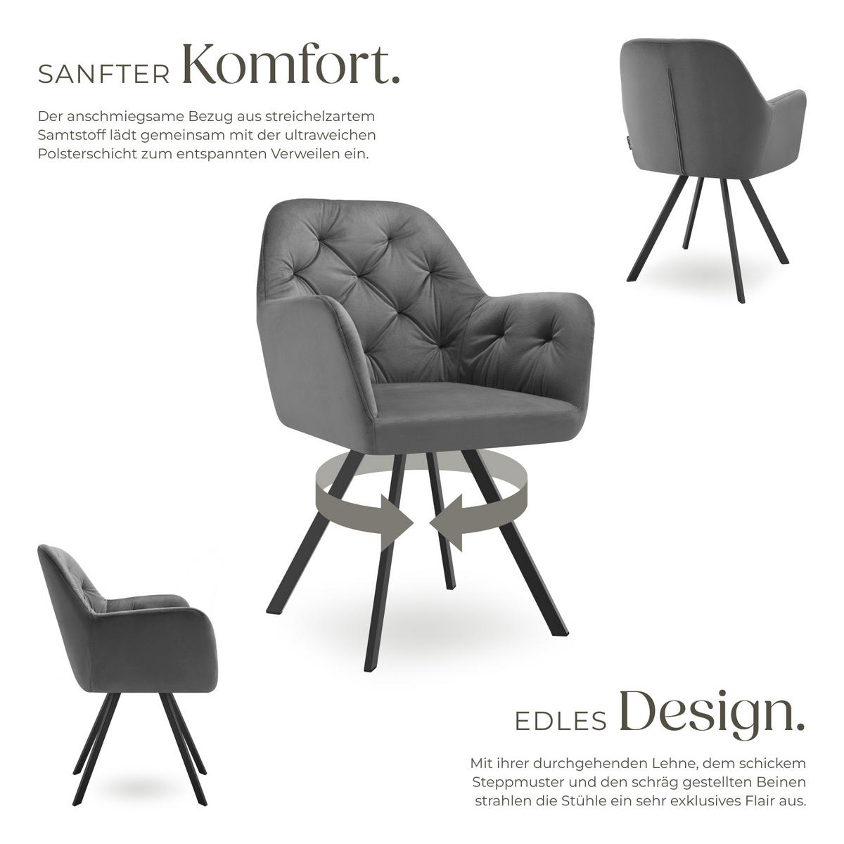 ARMLEHNSTUHL Samt Drehbarer 2er Set Lucia 58 x 58 x 87 cm anthrazit - Anthrazit, Kunststoff (58/87/58cm) - tectake