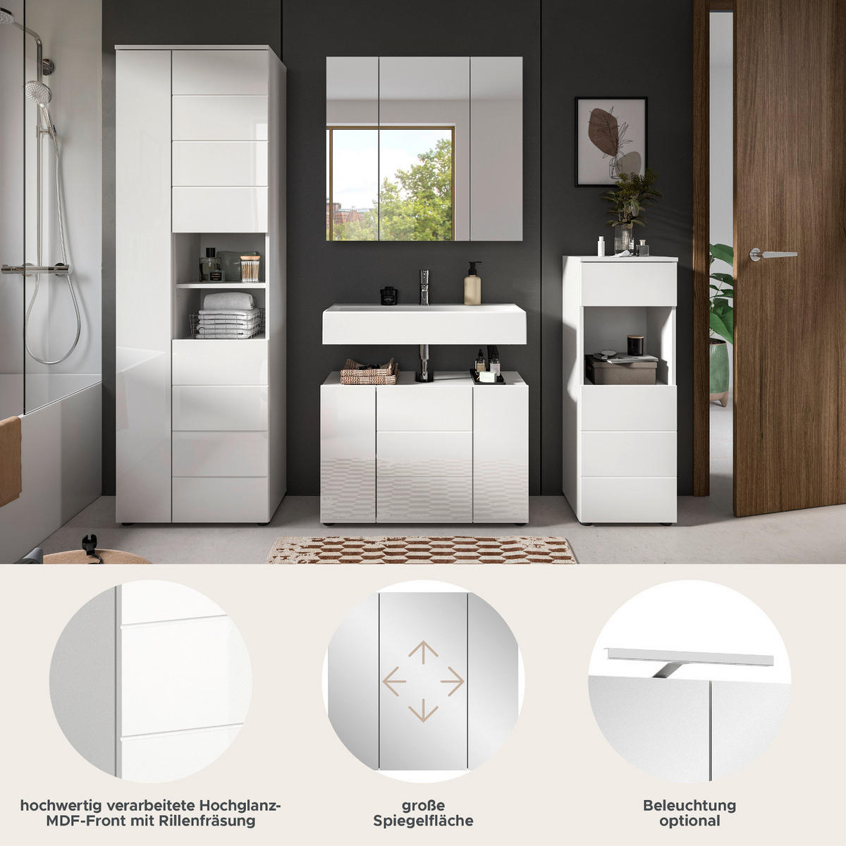 BADZIMMER-SET 4-teilig weiß Hochglanz 210 x 190 cm, Badmöbel mit viel Stauraum - Weiß Hochglanz/Schwarz, Holzwerkstoff/Kunststoff (210/190/34cm) - Inn.Furn