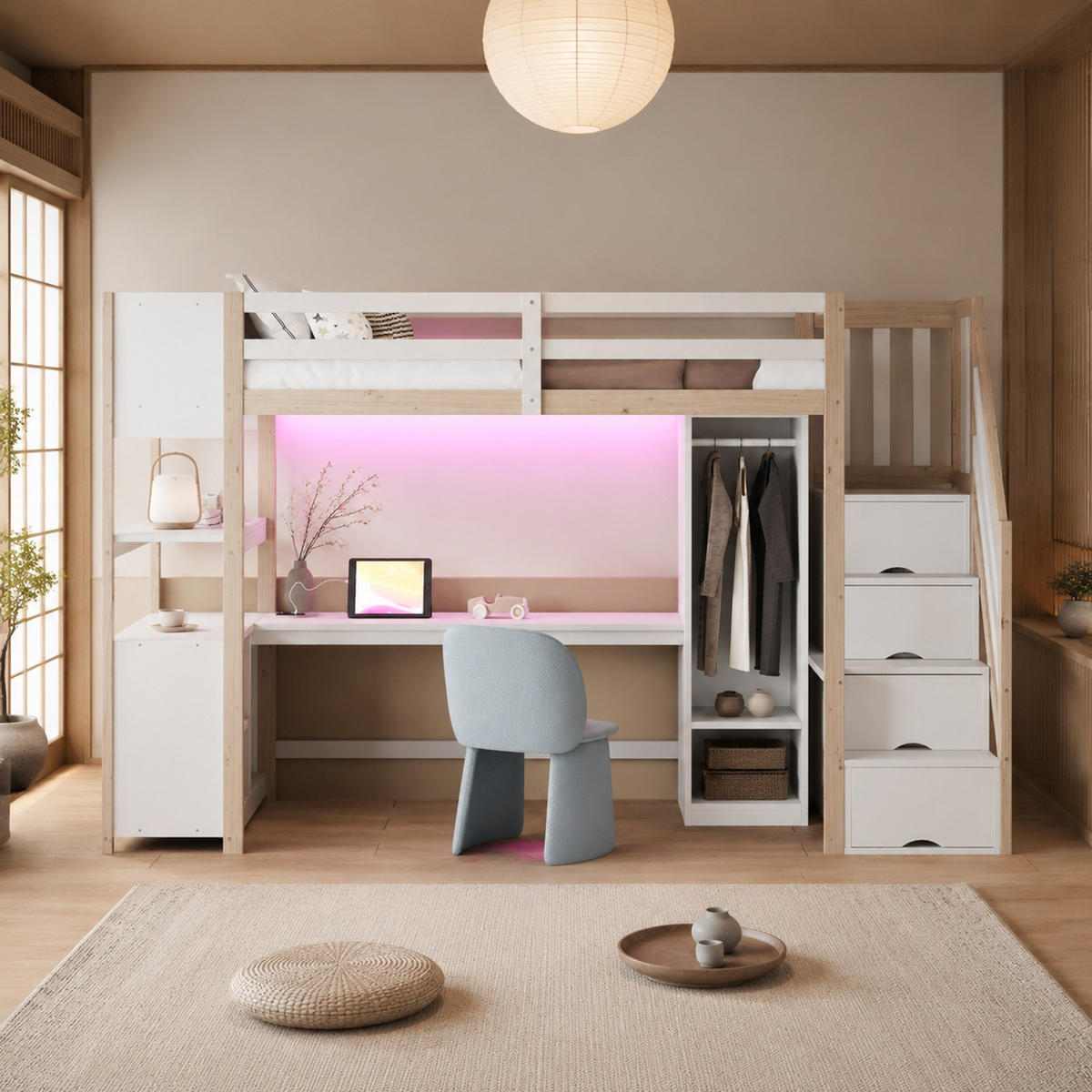 HOCHBETT 90/200 mit LED-Beleuchtung, Schreibtisch und Stauraum in Holzfarbe - Weiß/Naturfarben, Holz/Holzwerkstoff (90/200cm) - EVRYAE
