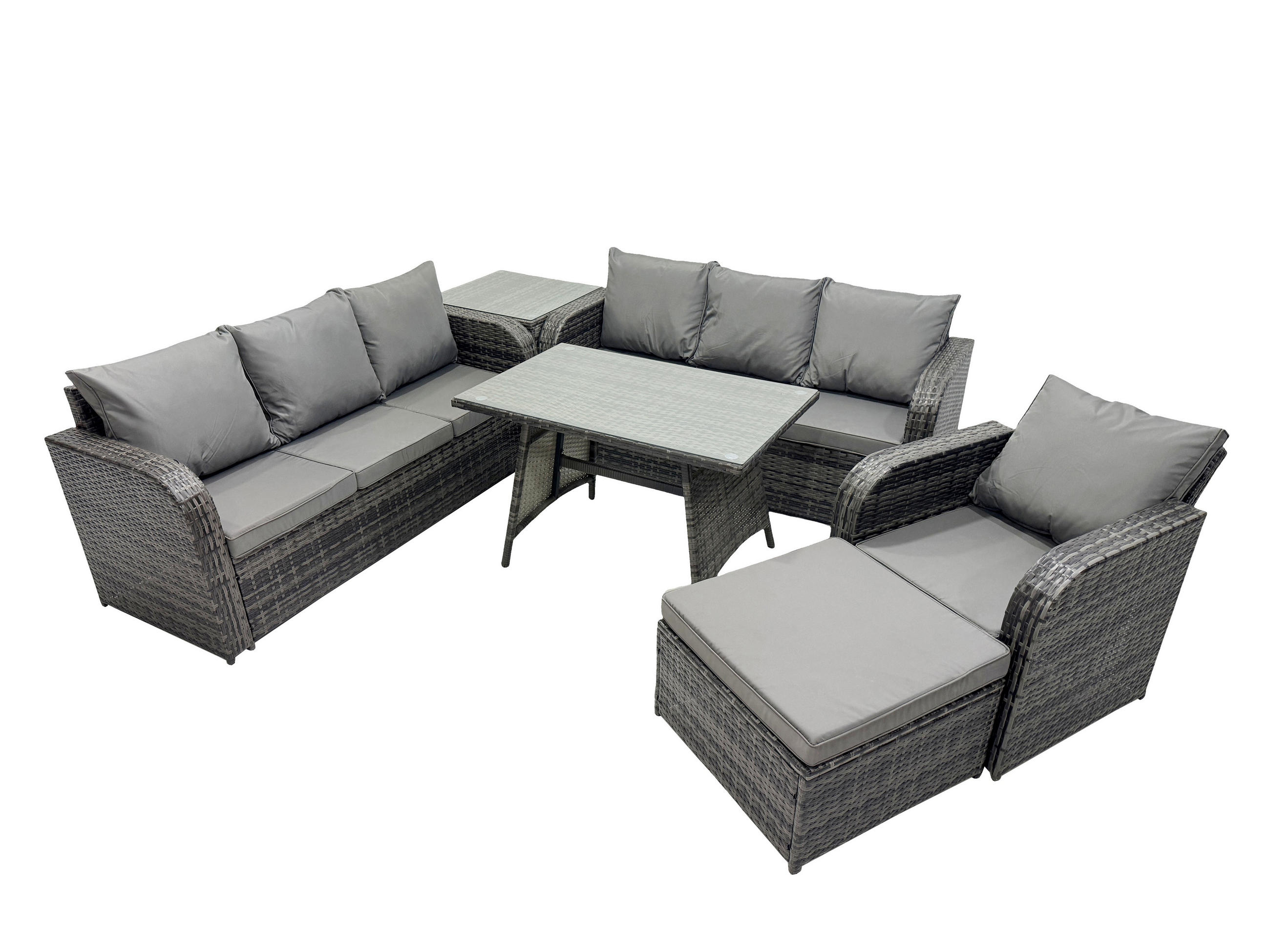 GARTENSET Hohe Rückenlehne Polyrattan 8-Sitzer - Dunkelgrau/Grau, Glas/Kunststoff - Fimous