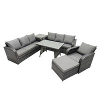 GARTENSET Hohe Rückenlehne Polyrattan 8-Sitzer - Dunkelgrau/Grau, Glas/Kunststoff - Fimous