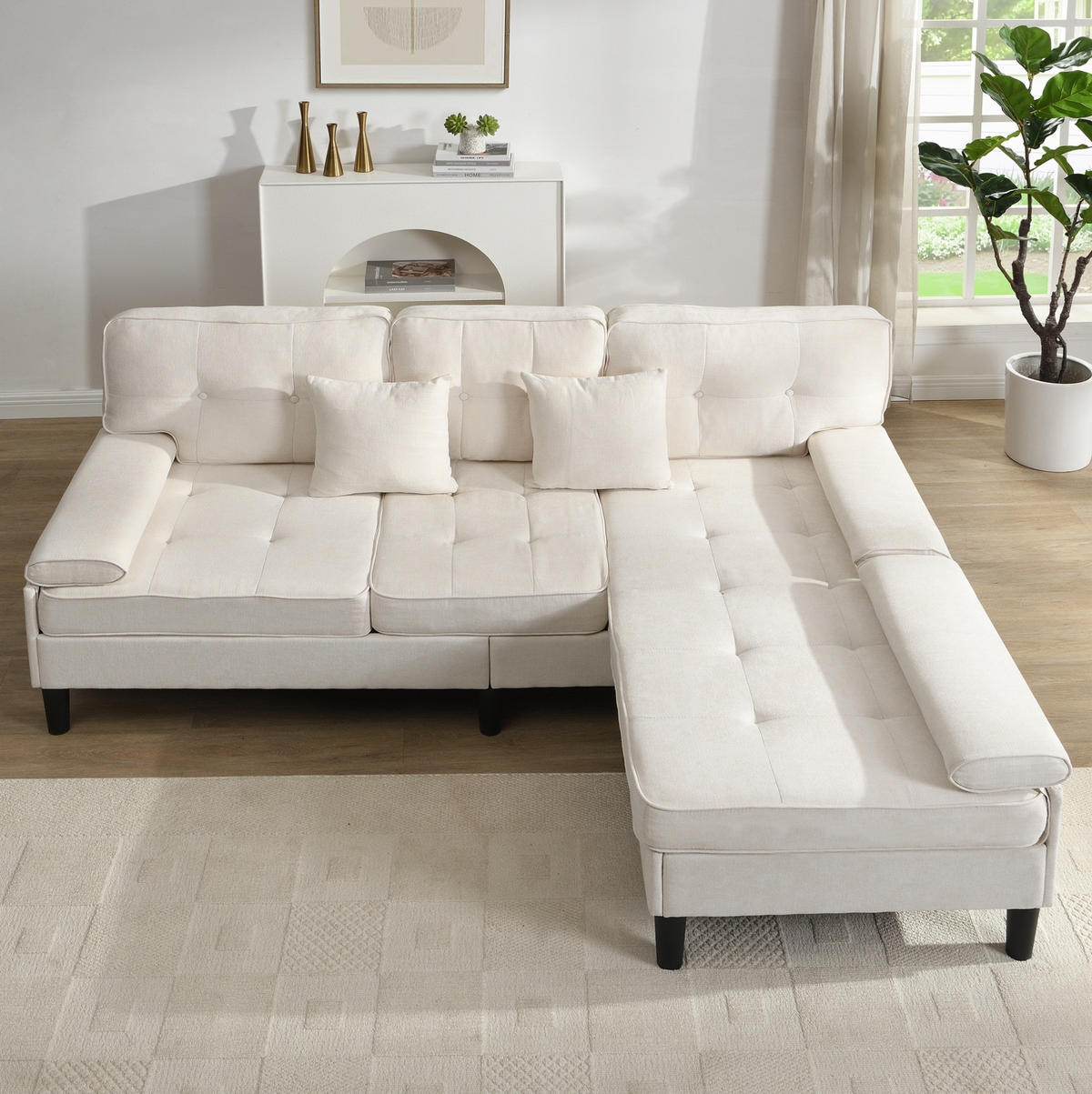 ECKSOFA Chenille mit Fußbank und modularer L-Form 195/149/86 cm Beige - Beige, Textil (149/195cm) - Redom