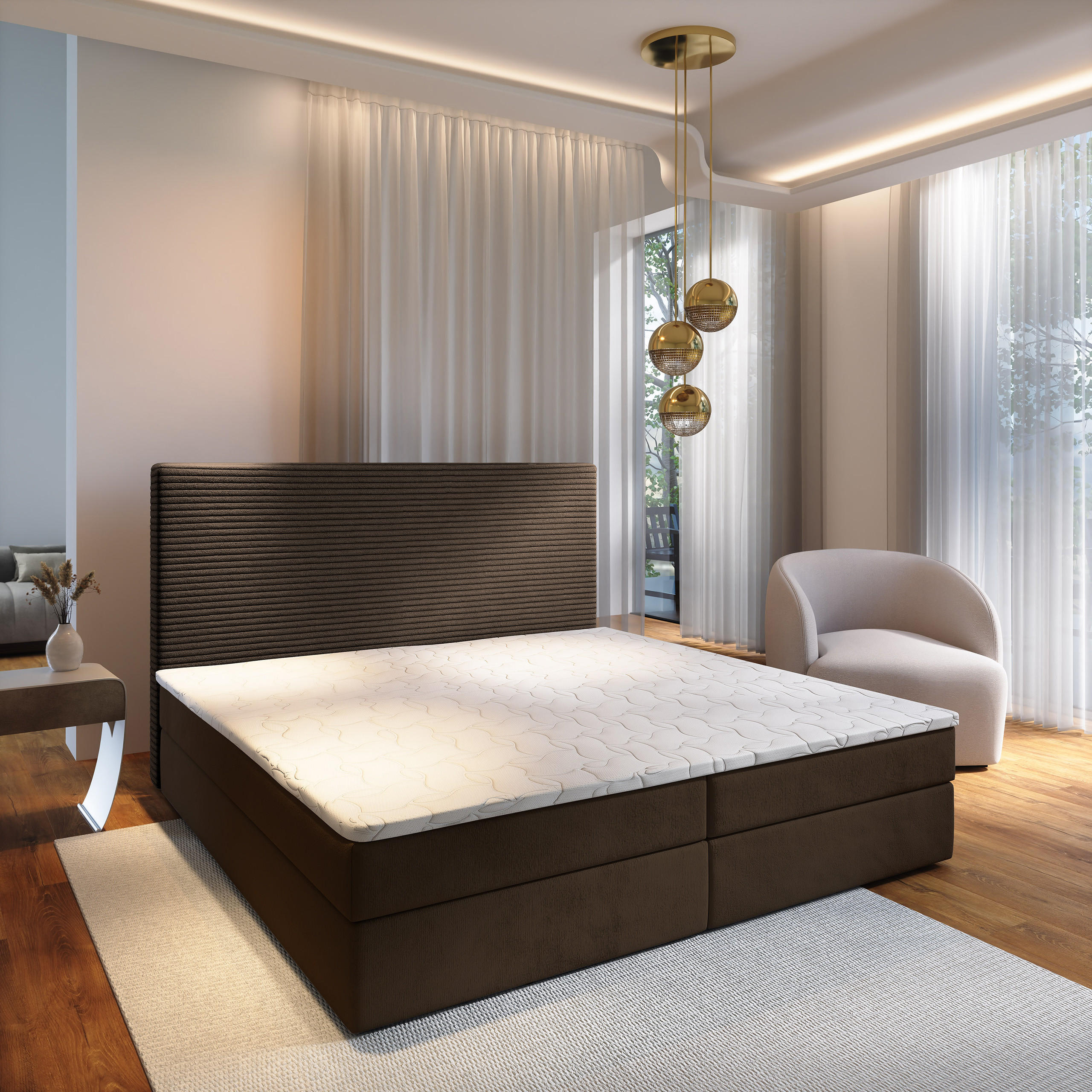 BOXBETT GIARRO 160x200 cm mit Matratze und Topper - Braun - Braun, Holz (160/200cm) - MASSENO