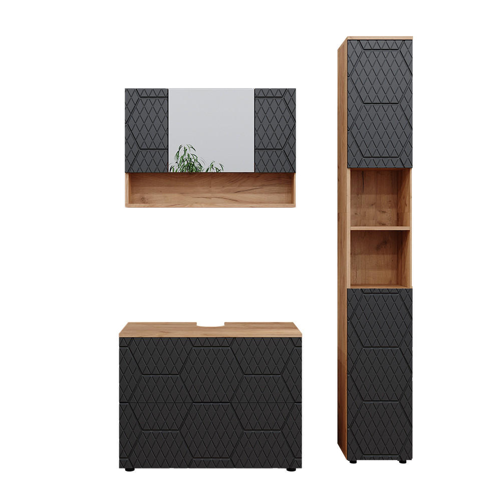 BADMÖBEL-SET Irma Anthrazit gestreift 3 Teile mit Spiegelschrank 80 cm - Honigeiche/Anthrazit, Holzwerkstoff (80/58.6/41cm) - Vicco