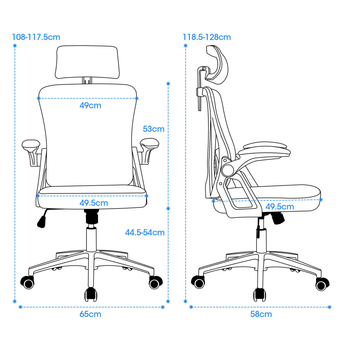 BÜROSTUHL ergonomisch mit Kopfstütze und Klapparmlehnen Schwarz - Schwarz, Kunststoff (65/108/58cm) - Meubliv