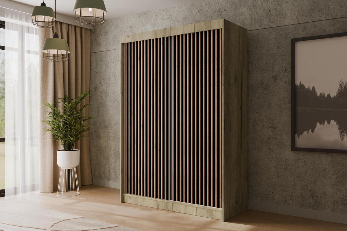 KLEIDERSCHRANK mit Lamel-Schiebetüren VILANv2 - 120 cm Eiche Kraft + Lamelle Eiche Wotan - Hellbraun/Eiche Wotan, Holzwerkstoff (120/215/61cm) - ALTDECOR