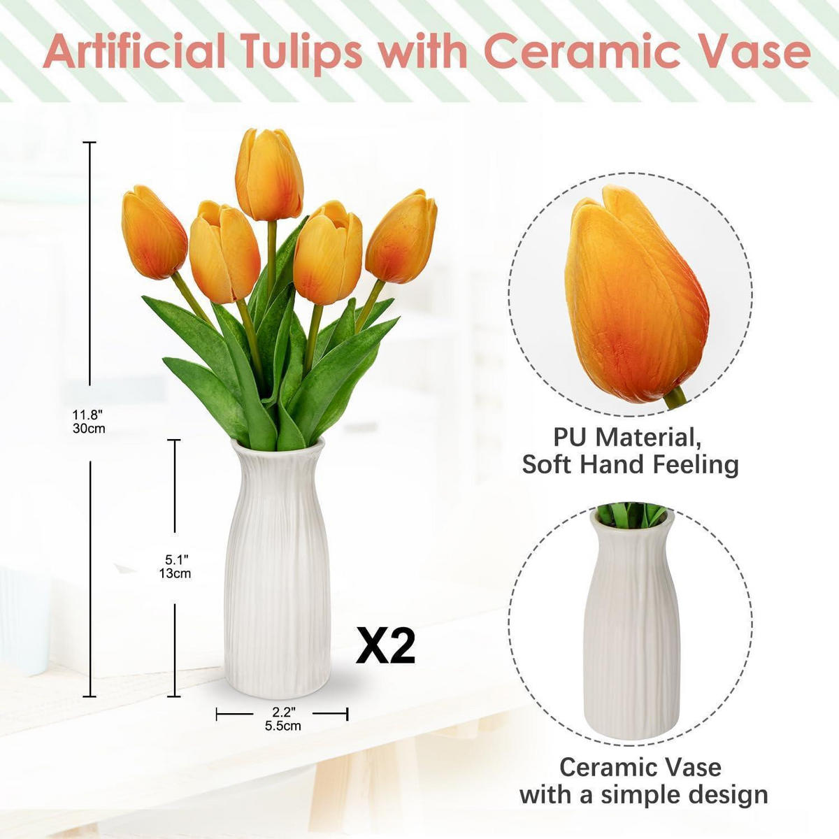 KUNSTBLUMEN Tulpenbund mit Vase 30 cm Orange - Orange, Keramik (10cm)