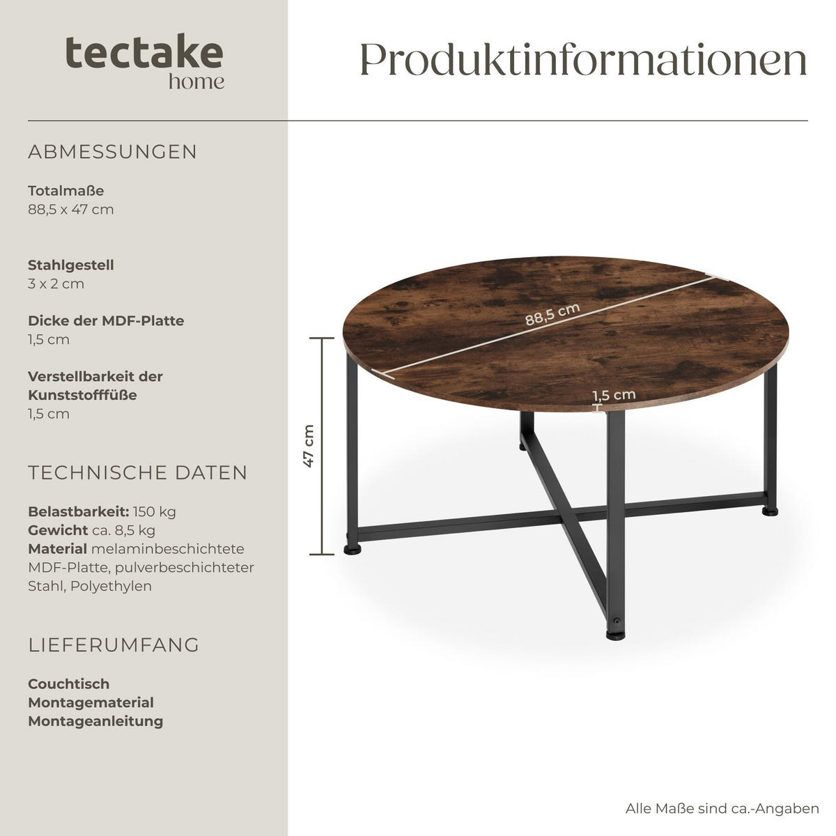 COUCHTISCH Aberdeen, 88,5 x 47 cm, Industrial Holz dunkel, rustikal - Rostfarben, Holz (88.5/88.5/47cm) - tectake