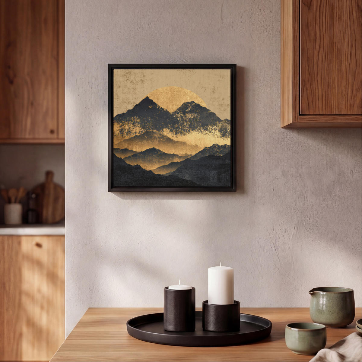 LEINWAND Bilder mit Rahmen - Goldene Berge bei Mondschein - 20x20 - Goldfarben, Textil (20/20cm) - MuchoWow