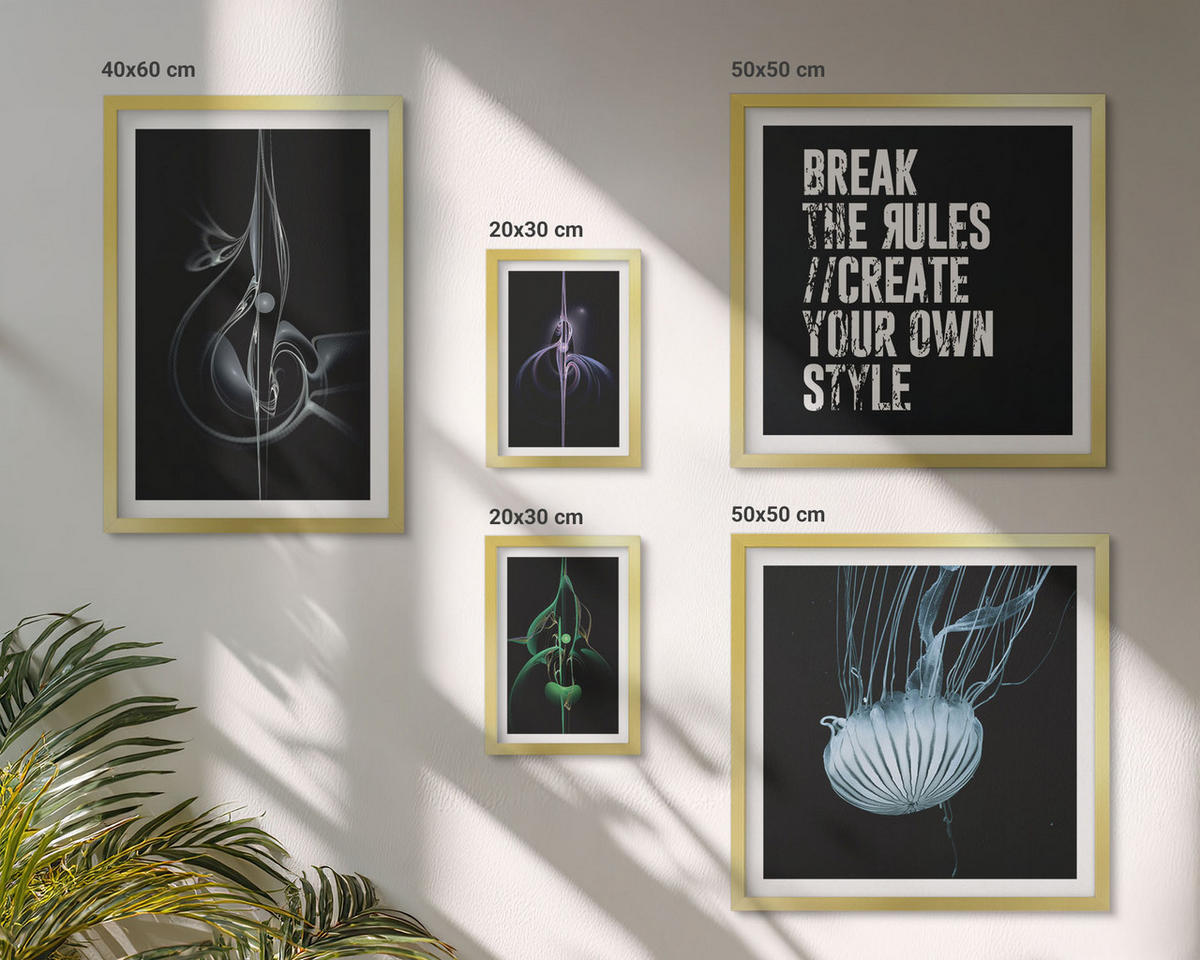 BILDER SET 5er Set - 50x50 cm & 20x30 cm & 40x60 cm Goldrahmen - Abstrakte Darstellung von grauen Katzenrosen - Goldfarben, Kunststoff (40/60cm) - TULUP