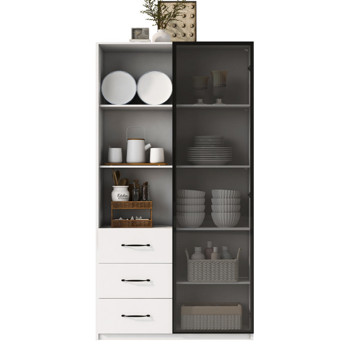 VITRINE aus Spanplatte 80x40x160 cm Weiß mit LED-Beleuchtung, Glastür und 3 Schubladen - Weiß, Holzwerkstoff (80/160/40cm) - IVMEU