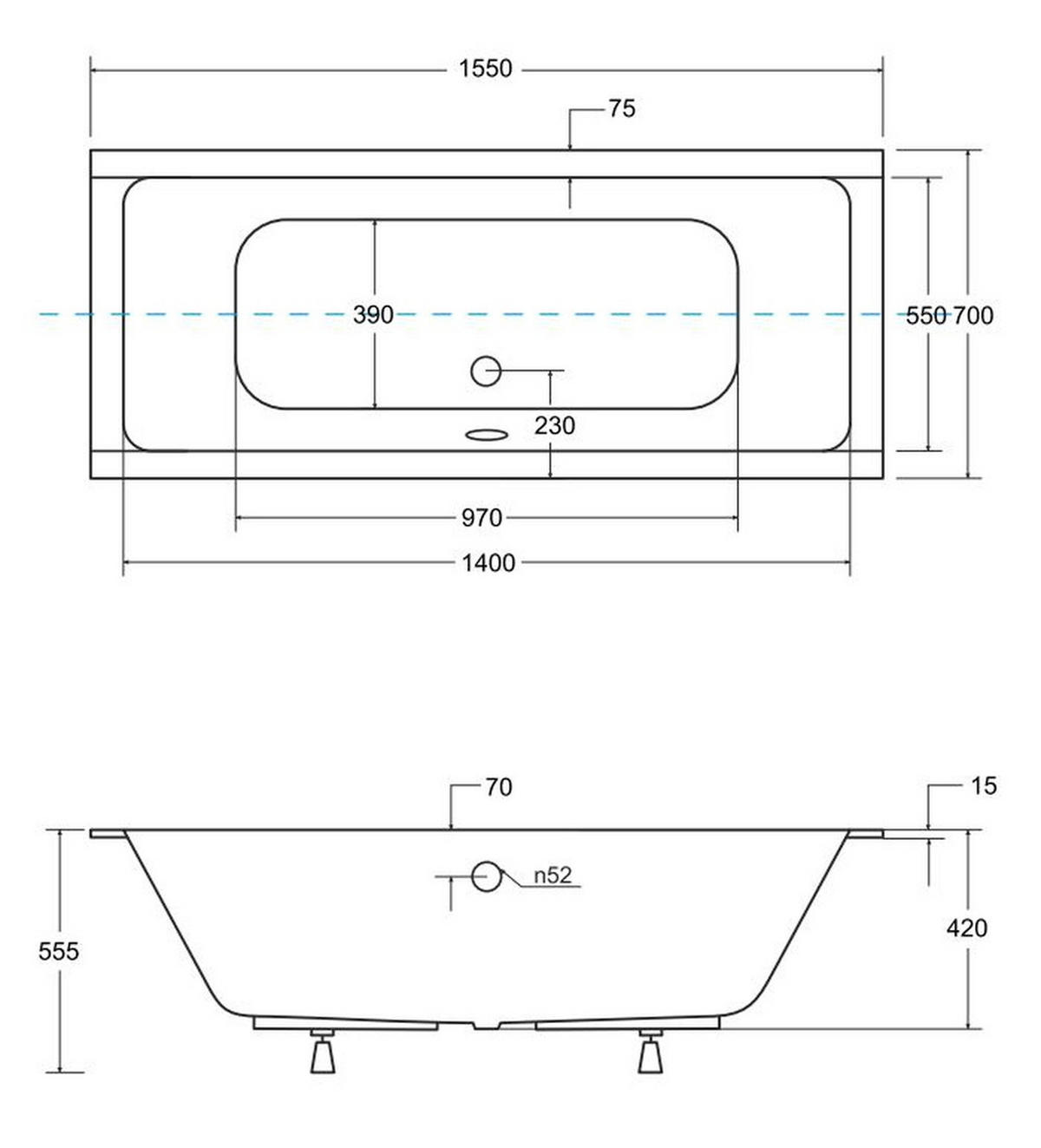BADEWANNE Rechteck QUADRO SLIM 155/70 Ablauf & Füße - Weiß, Kunststoff (70/55.5/155cm) - bad land
