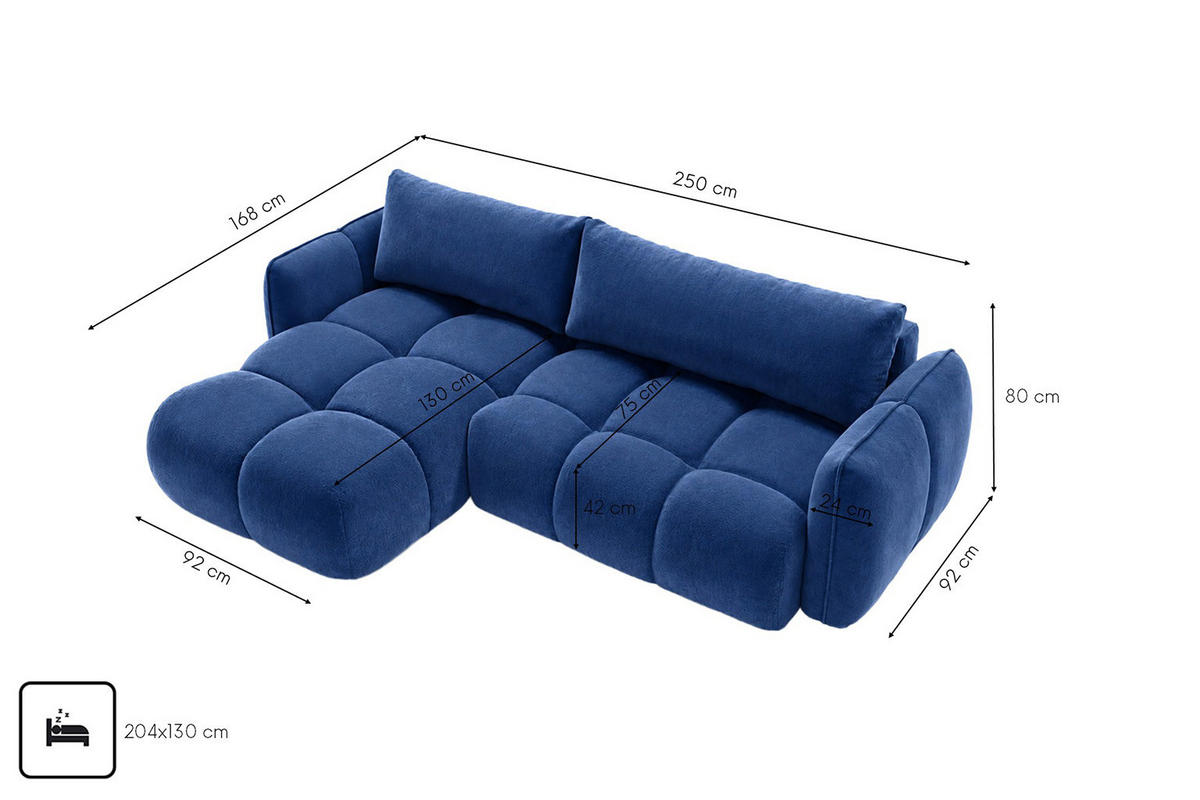ECKSOFA L-Form Mit Schlaffunktion, Veloursstoff Bluvel, Tintenblau, Links, BELVEDER L - Blau, Holz (250/168cm) - Kaiser Möbel