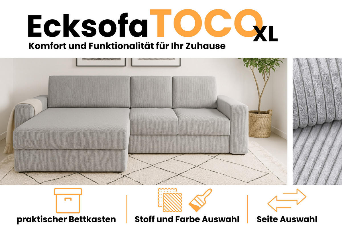ECKSOFA TOCO XL 275/170 cm in Cord Hellgrau links - Hellgrau, Holz/Holzwerkstoff (275/170cm) - Deine Möbel 24