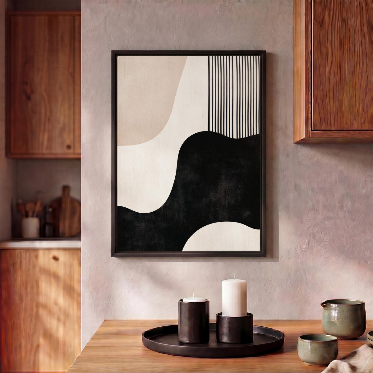 LEINWAND Bilder mit Rahmen - Abstrakt - Japandi - Beige - Modern - 30x40 - Schwarz, Textil (30/40cm) - MuchoWow