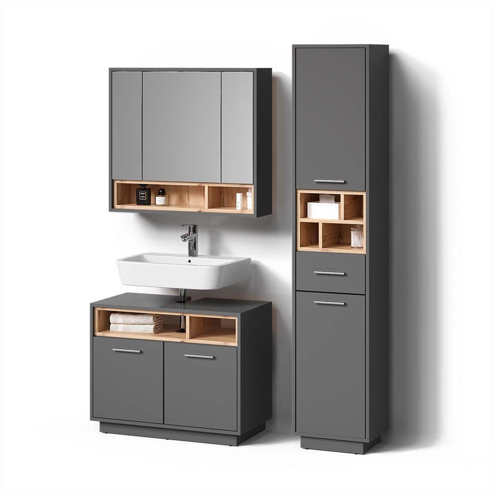 BADMÖBEL-SET Temo Anthrazit 3 Teile, mit Hochschrank - Anthrazit/Sonoma Eiche, Holzwerkstoff (80/64/40cm) - Livinity®