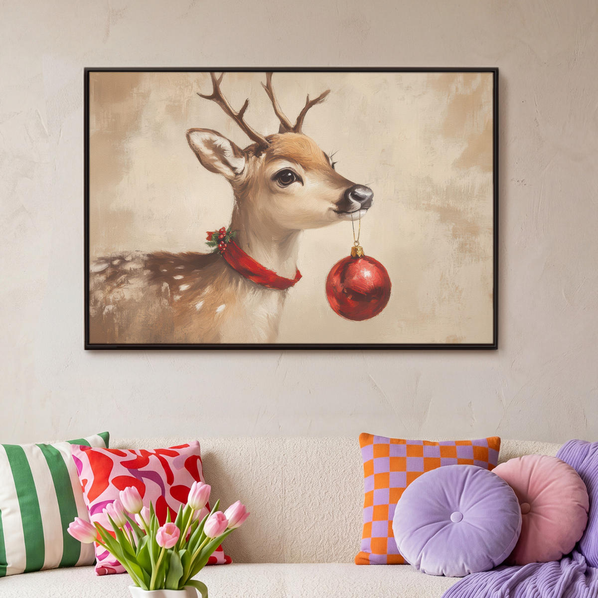 LEINWAND Bilder mit Rahmen - Weihnachten - Hirsch - Geweih - Weihnachtskugel - Rentier - 90x60 - Hellbraun, Textil (90/60cm) - MuchoWow