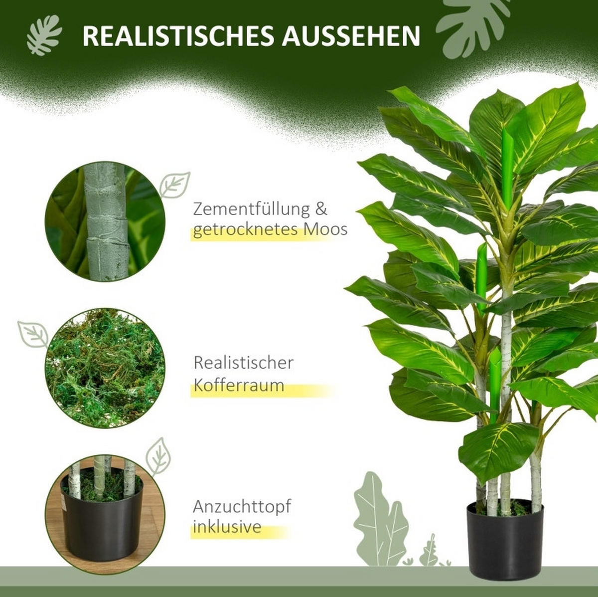 KUNSTPFLANZEN 15/15/95 cm grün aus Polyethylen mit Topf und 33 Blättern - Grün, Kunststoff (95cm) - OKWISH