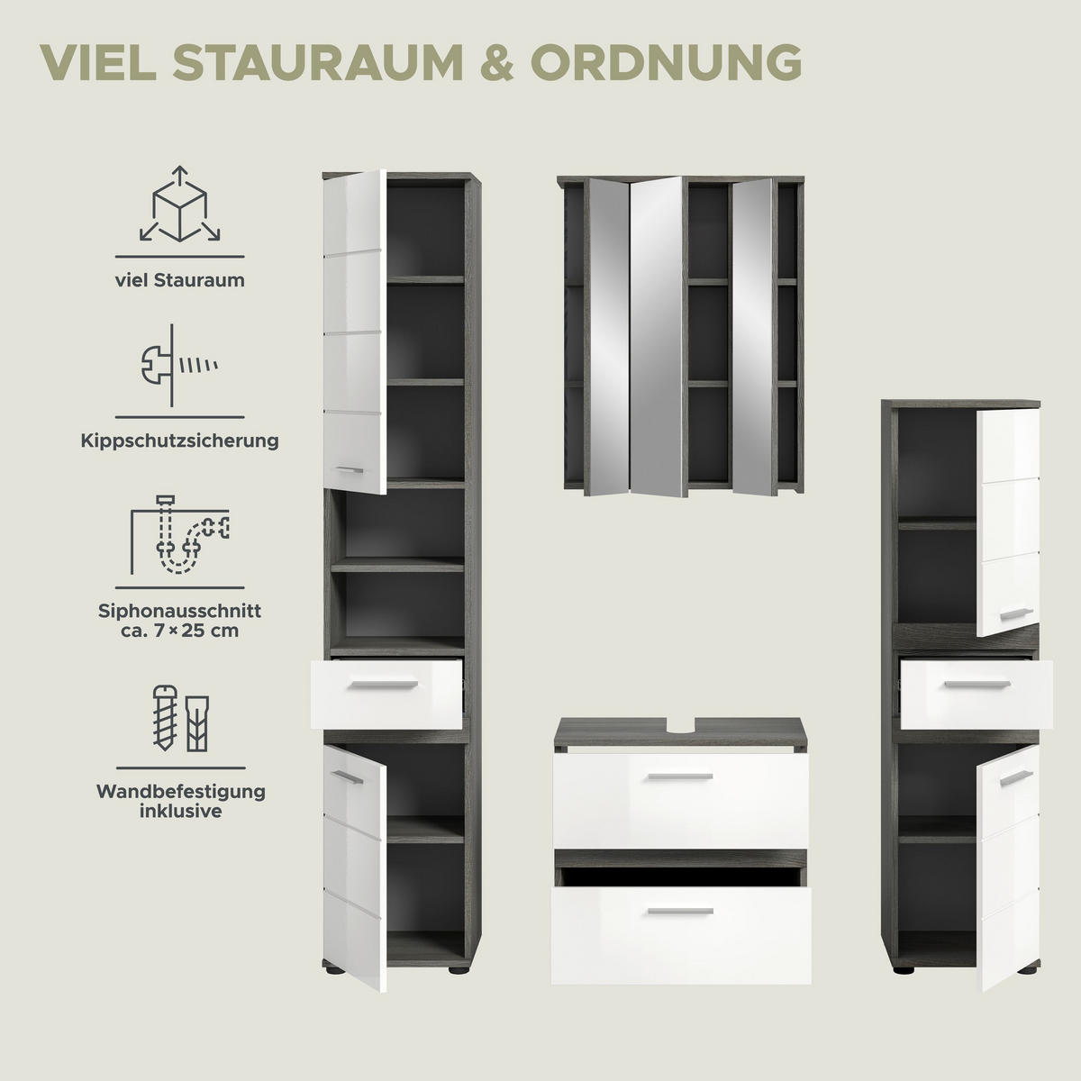 BADKOMBINATION 4tlg. Blake Bad in Rauchsilber Nachbildung und weiß hochglanz B/H/T: 160x191x34 cm - Anthrazit, Holz (160/191/34cm)