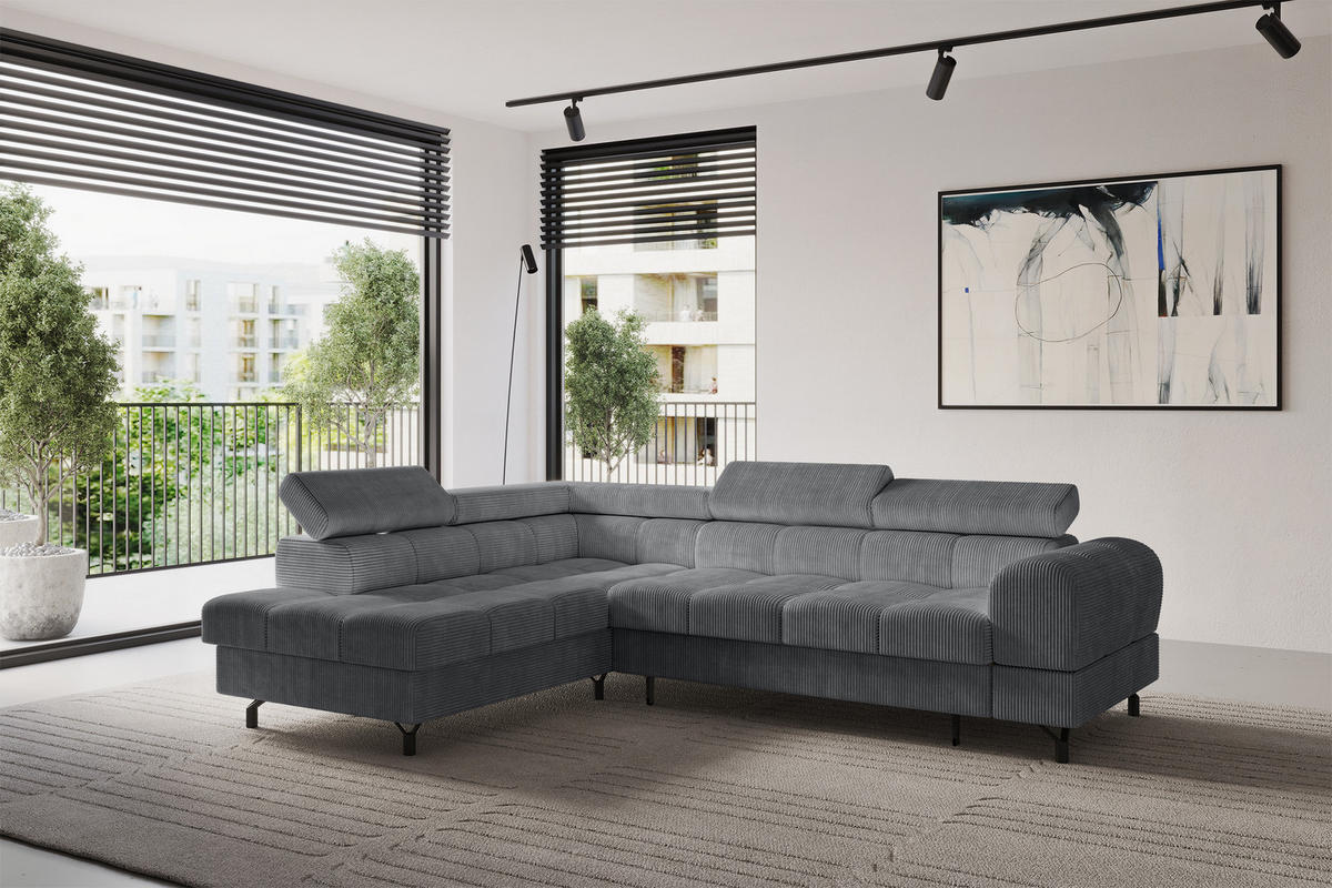 ECKSOFA mit Schlaffunktion Ottomane Links LUMA-L 272x203x70 Dunkelgrau Cord - Graphitfarben/Schwarz, Holzwerkstoff/Kunststoff (272/203cm) - ALTDECOR