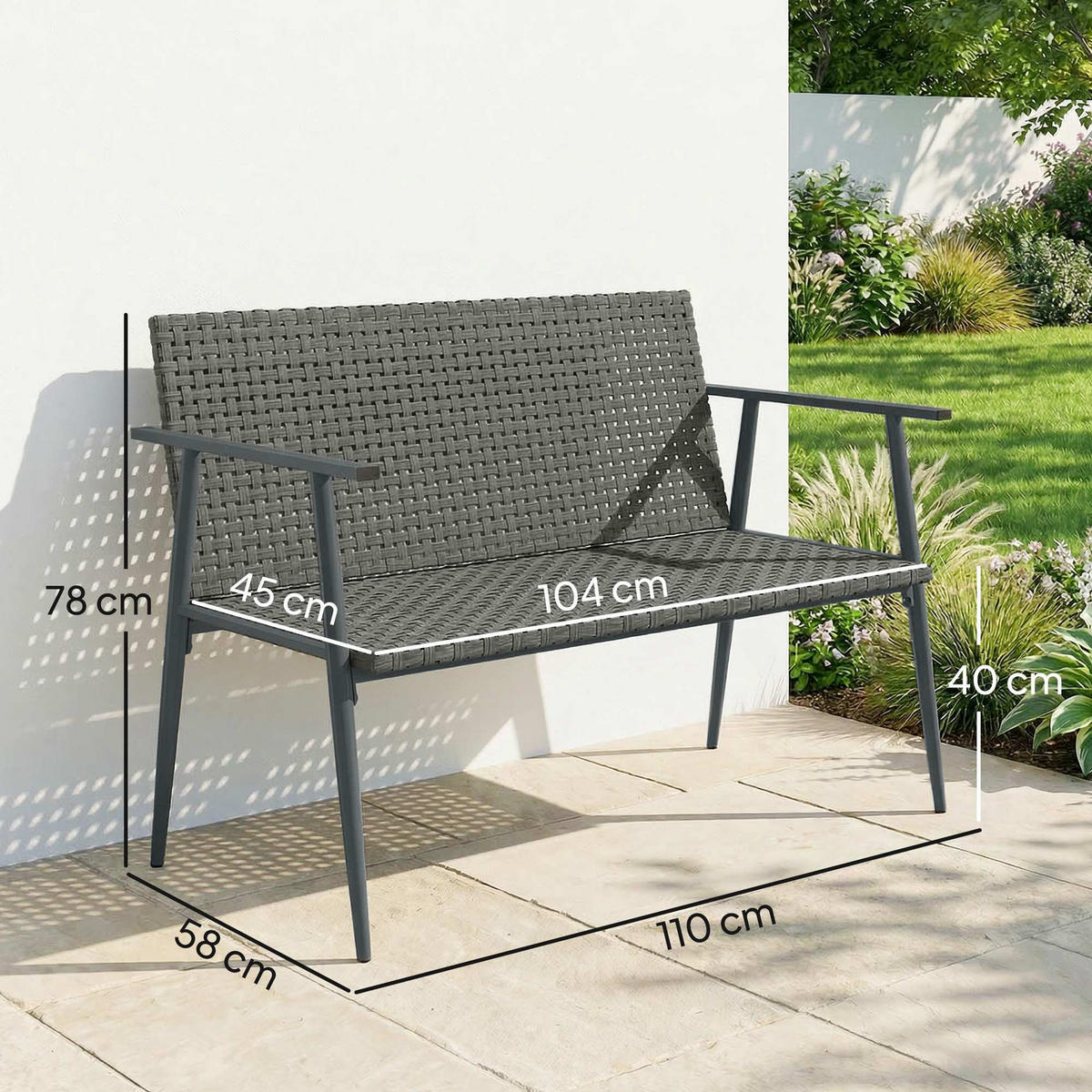 GARTENBANK 2-Sitzer DE-13690 mit Armlehnen & verstellbaren Füßen Grau - Grau, Metall (110/78/58cm) - ComfortXL