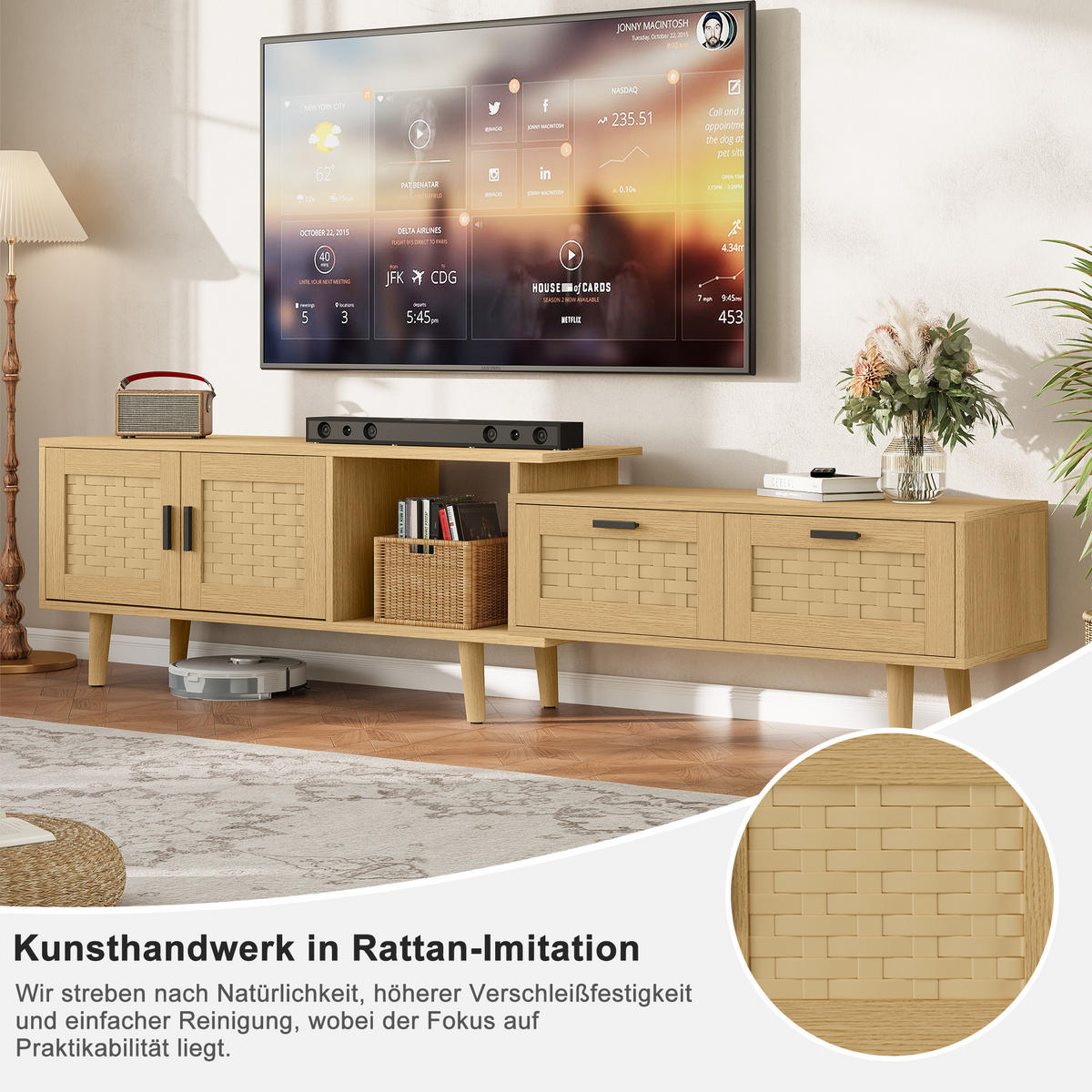 TV-SCHRANK ausziehbar 146–180 cm, Eiche mit Rattan-Optik, Schubladen & Stauraum - Eichefarben, Holz (29.8/44/169cm) - SHOPENTRA