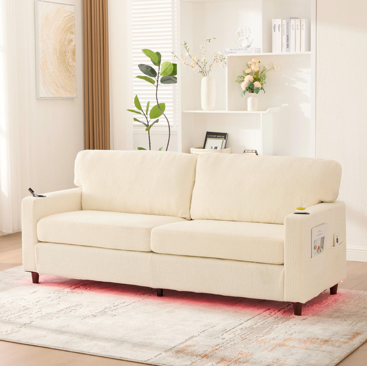 ZWEISITZER Sofa Chenille mit USB-Anschluss und LED-Licht 203/77,5/86 cm Beige - Beige, Textil (77.5/86/203cm) - Redom