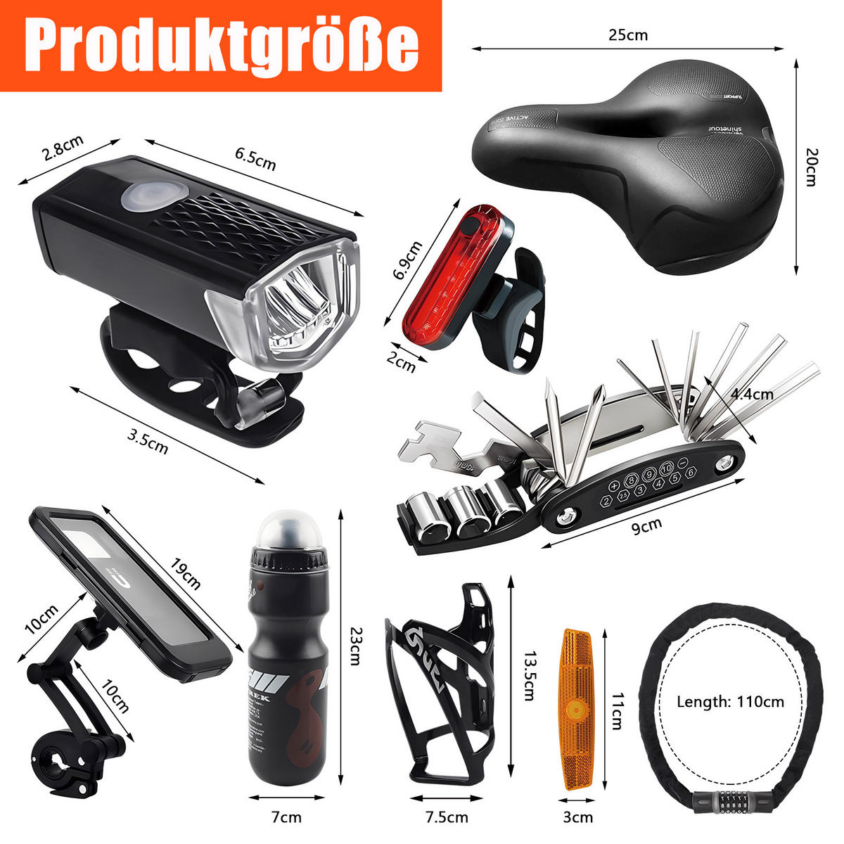 FAHRRADZUBEHÖR Set 8in1, Sattel, LED-Licht, Handyhalter & Werkzeug - Schwarz, Textil (25/10/20cm)