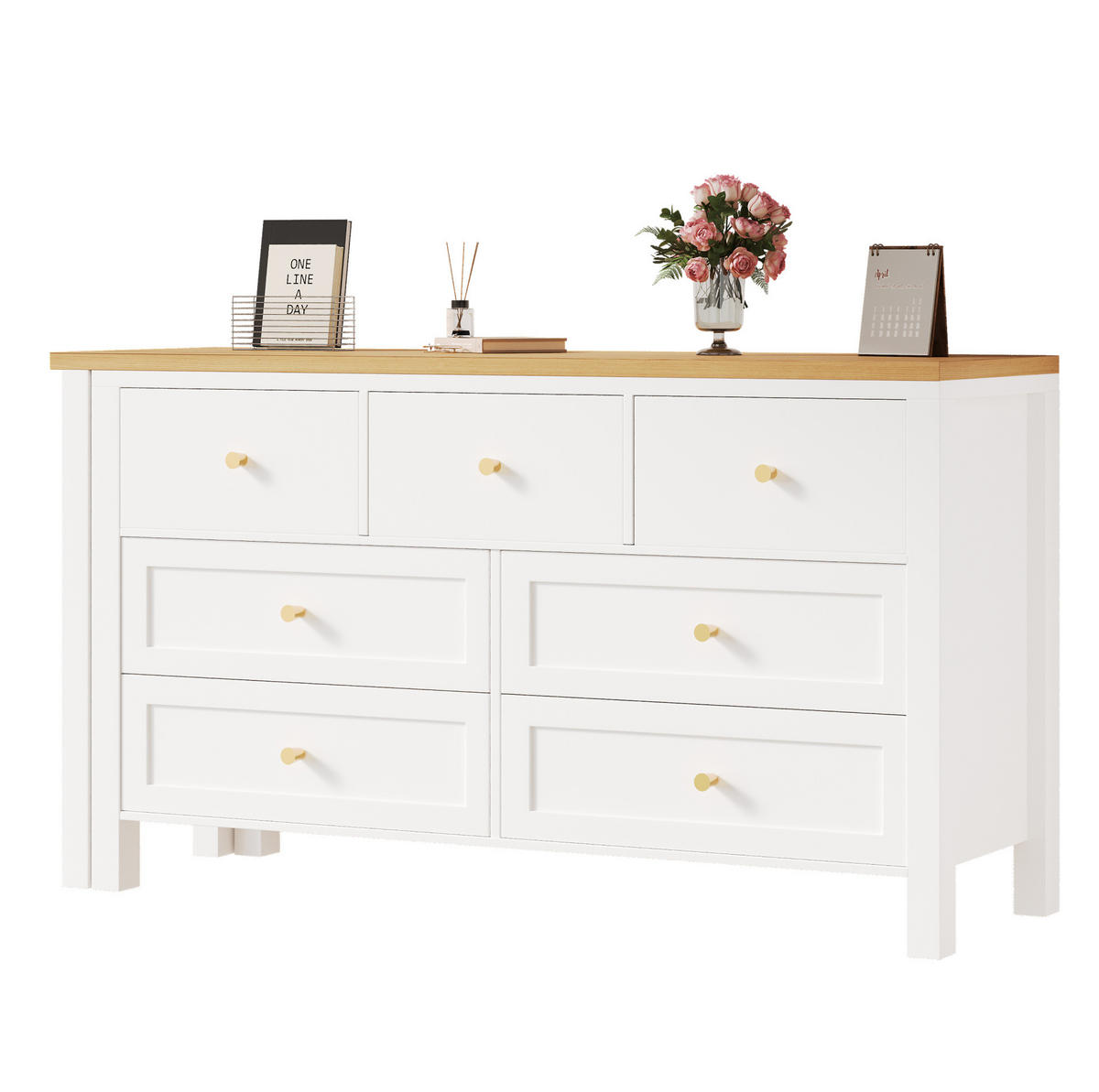 SCHREIBTISCH aus Spanplatte 120x40x70 cm Eichenoptik/Weiß mit 360° drehbarer Tischplatte und 7 Schubladen - Weiß, Holzwerkstoff (120/70/40cm) - IVMEU