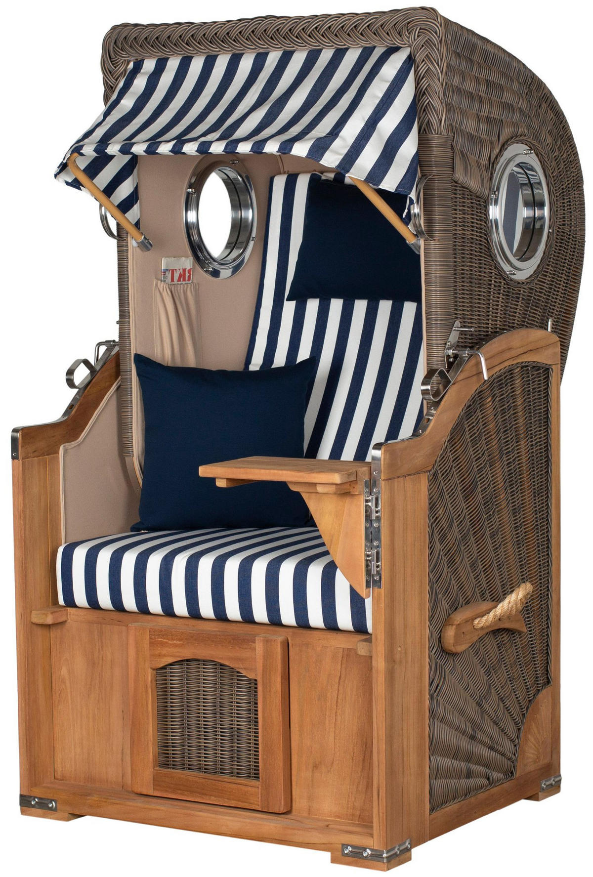 STRANDKORB Komplettset: Ammersee Single Teak Bullauge - PE grau - Modell 518 - Blau/Weiß, Holz/Kunststoff (96/165/80cm) - bene living