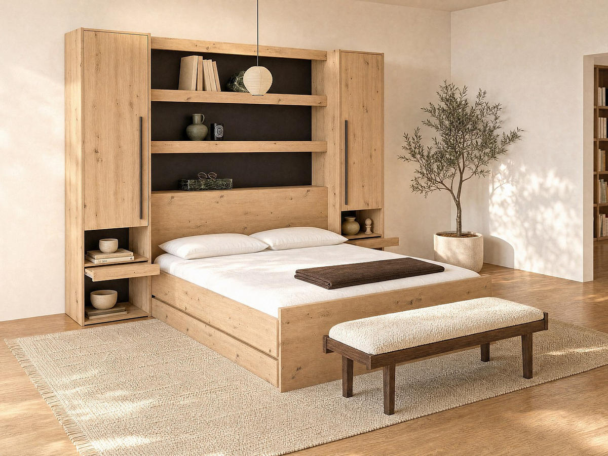 BETT mit Bettkasten - 2 Personen - Holz, Platte - Schwarz, Naturfarben Hell - Schwarz/Naturfarben, Holz (140/190cm) - Vente-Unique