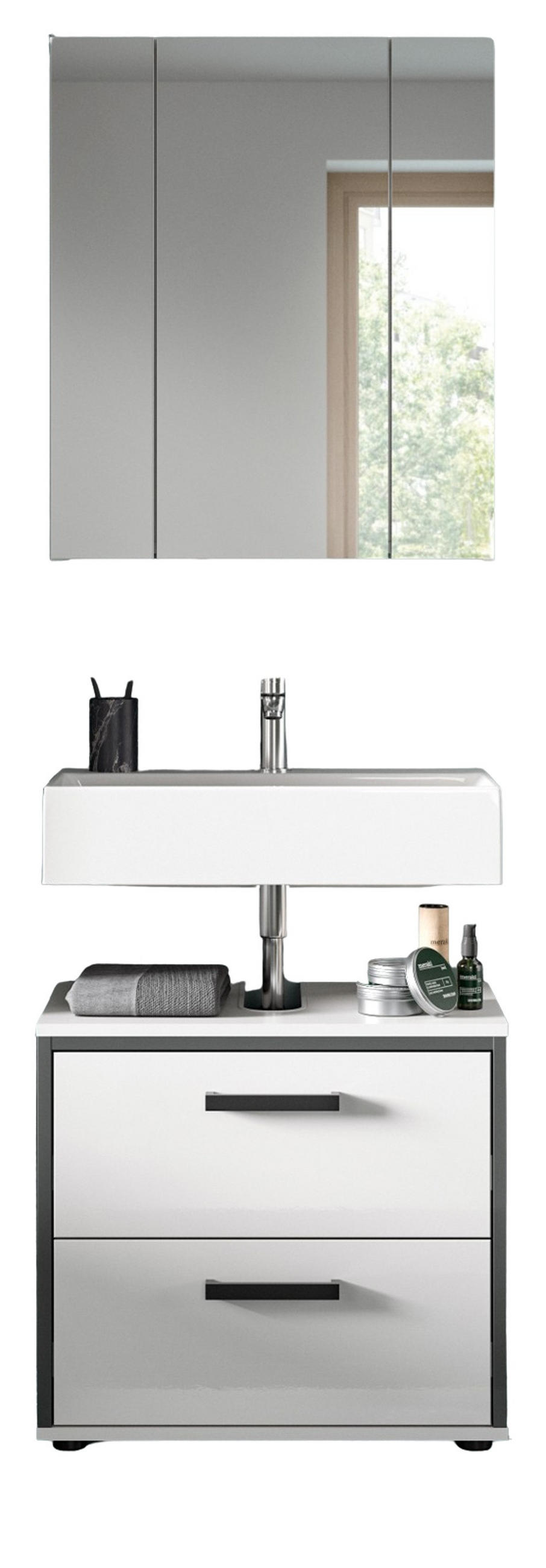 BADMÖBEL-SET 2-teilig weiß Hochglanz, grau, Badkombination 60 x 190 cm - Weiß Hochglanz/Schwarz, Glas/Holzwerkstoff (60/190/37.5cm) - Inn.Furn