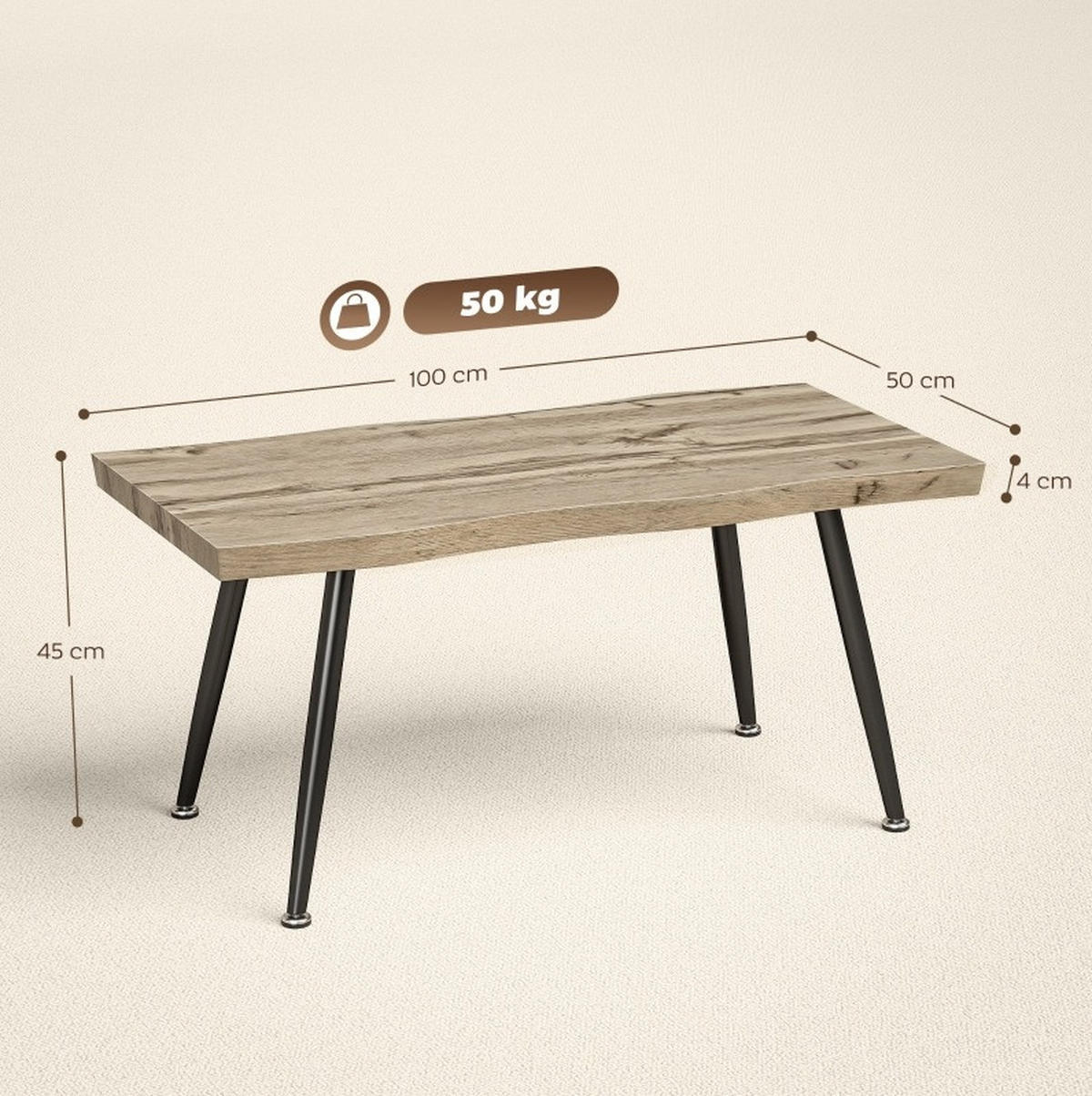COUCHTISCH aus Holz 100x50x45 cm Eiche mit Stahlbeinen - Eichefarben, Holzwerkstoff (100/50/45cm) - IVMEU