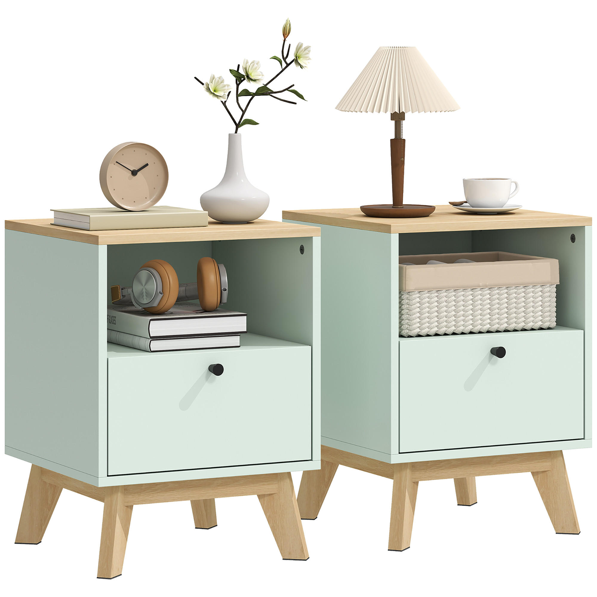 NACHTTISCH Eichenoptik Hellgrün MDF mit Schublade und offenem Fach 2er-Set - Hellgrün, Holzwerkstoff (40/55/40cm) - PANGIVO