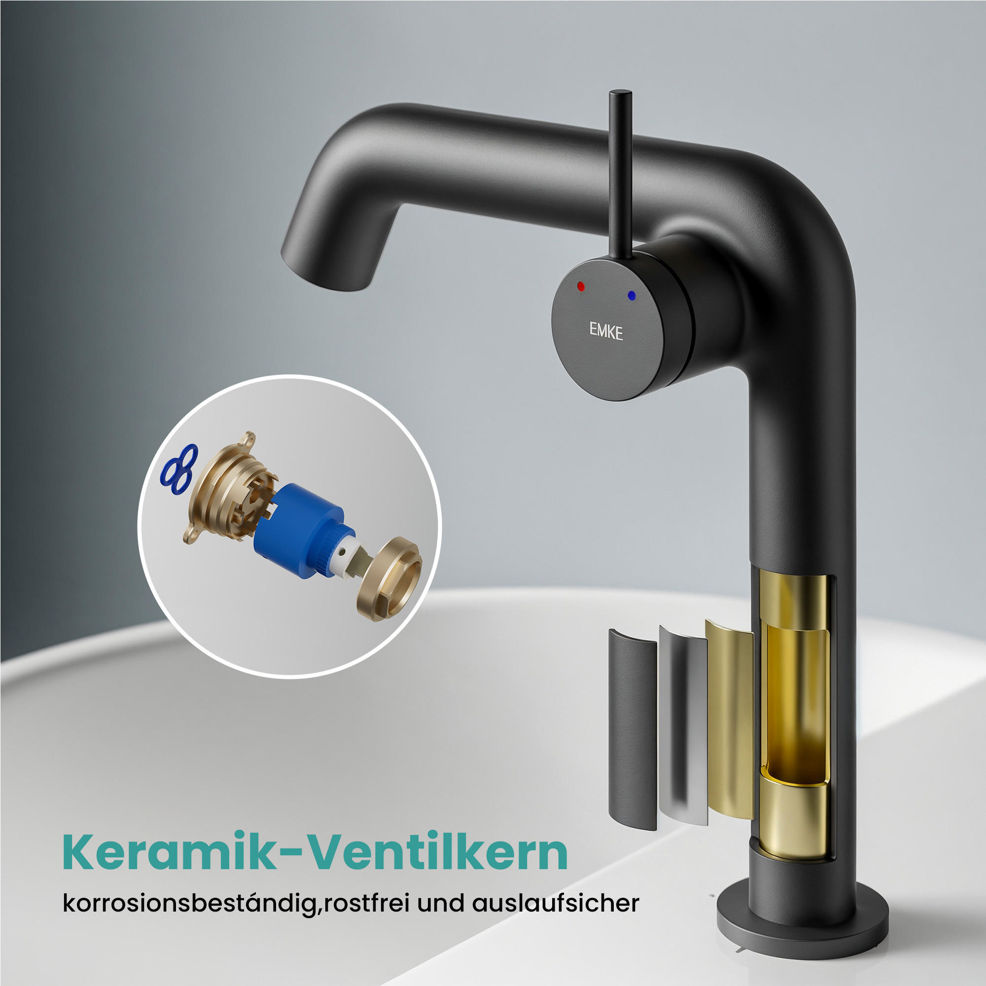 WASCHTISCHARMATUR Ventilkernzertifizierung Schwarz Matt 15cm - Schwarz, Metall (20/7.6/22.2cm) - EMKE