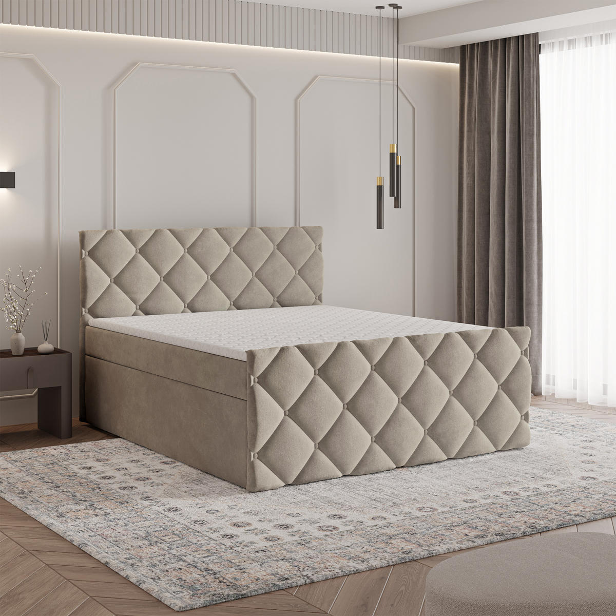 BOXBETT ROVARI 180x200 cm mit Matratze und Topper - Beige - Beige, Holz (180/200cm) - MASSENO