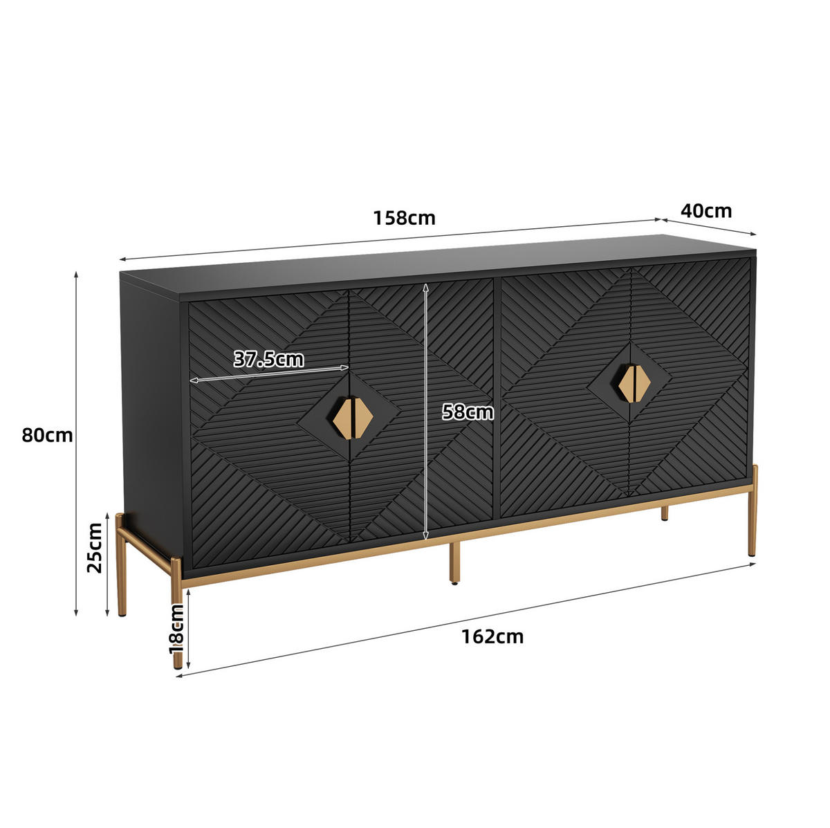 KOMMODE 162/40/80 cm mit 4 Türen, Metallbeinen und goldfarbenen Griffen - Schwarz, Holzwerkstoff (162/80/40cm) - BEAOK