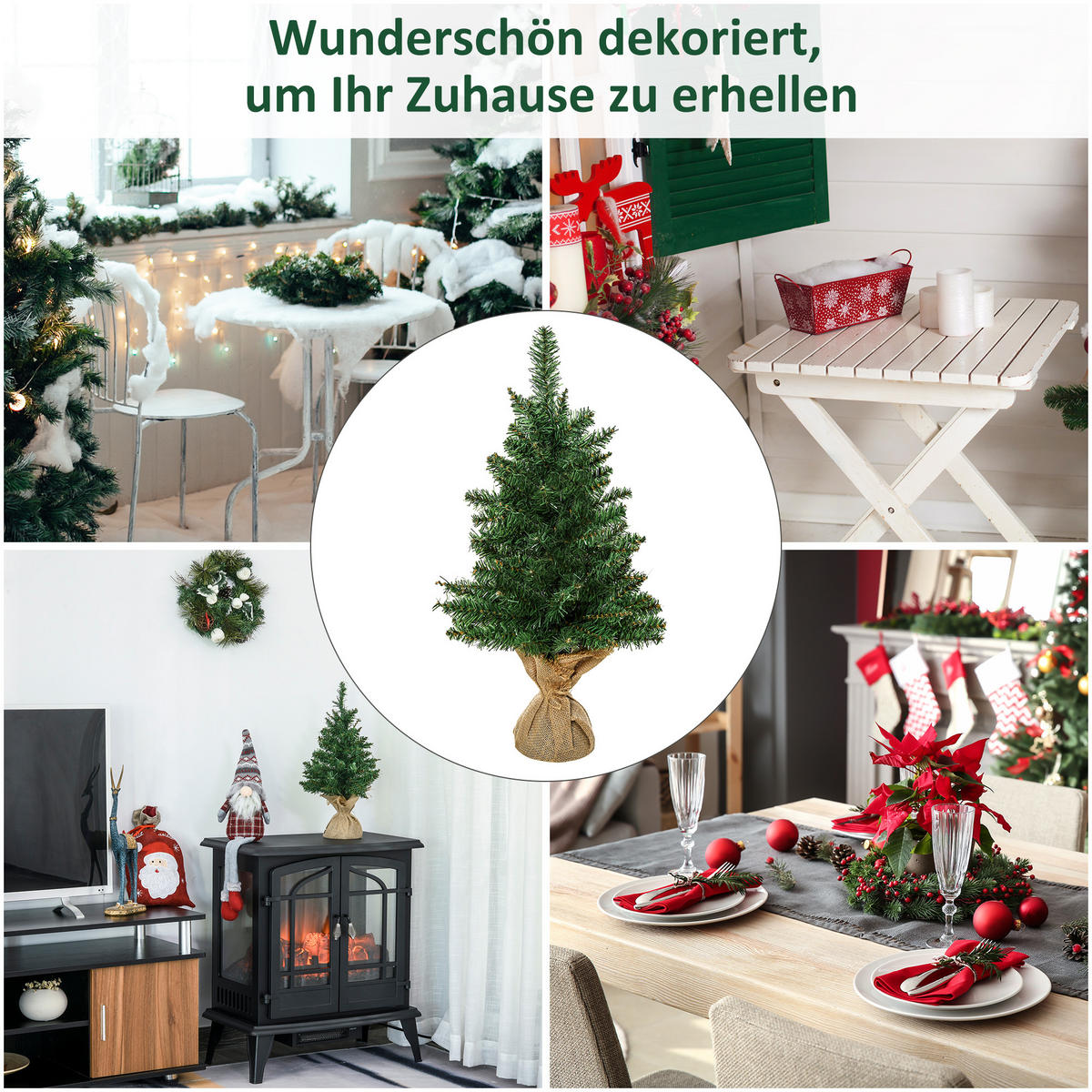 WEIHNACHTSBAUM für Tisch 0,6 m kleiner Christbaum 70 Zweige Leinen PVC Zement - Grün, Kunststoff (60cm) - HOMCOM