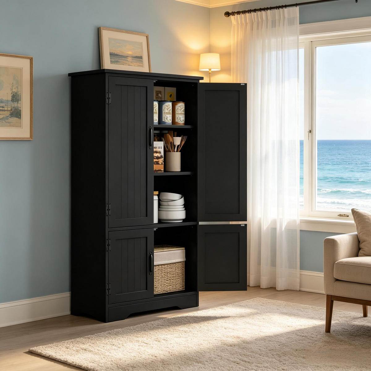 HIGHBOARD DE-38811 60/30/123 cm, 2 Türen und 3 Regale Schwarz - Schwarz, Holzwerkstoff (60/123/30cm) - ComfortXL