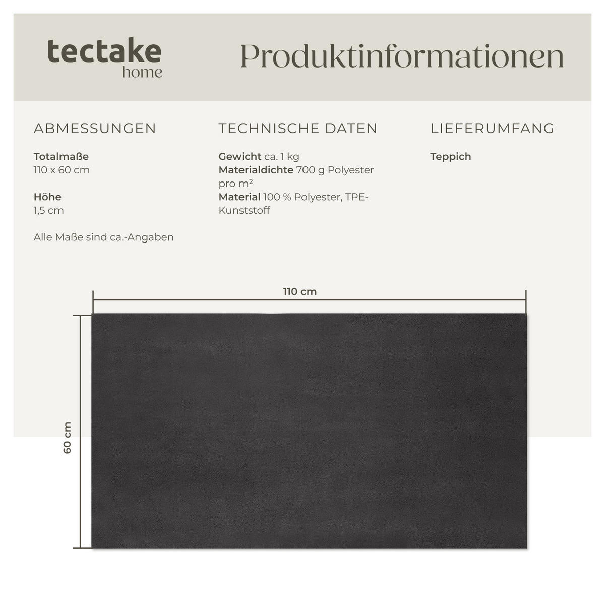 KURZFLORTEPPICH Soft Zone,rutschfeste Unterseite,anthrazit - Anthrazit, Kunststoff (110/60cm) - tectake
