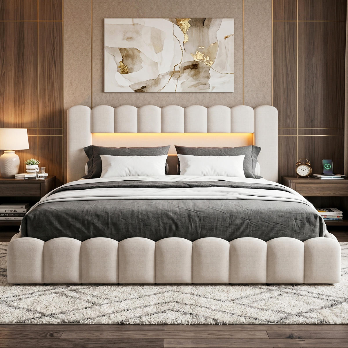 POLSTERBETT Modern 180/200 cm mit Bettkasten LED & USB Leinenoptik Beige - Beige, Textil (180/200cm) - Creahappy