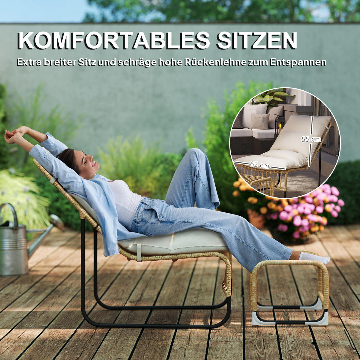 RELAXSESSEL mit Fußhocker UV-beständig Gartensessel mit Kissen Bänder - Creme, Metall (65/80/93cm) - Outsunny
